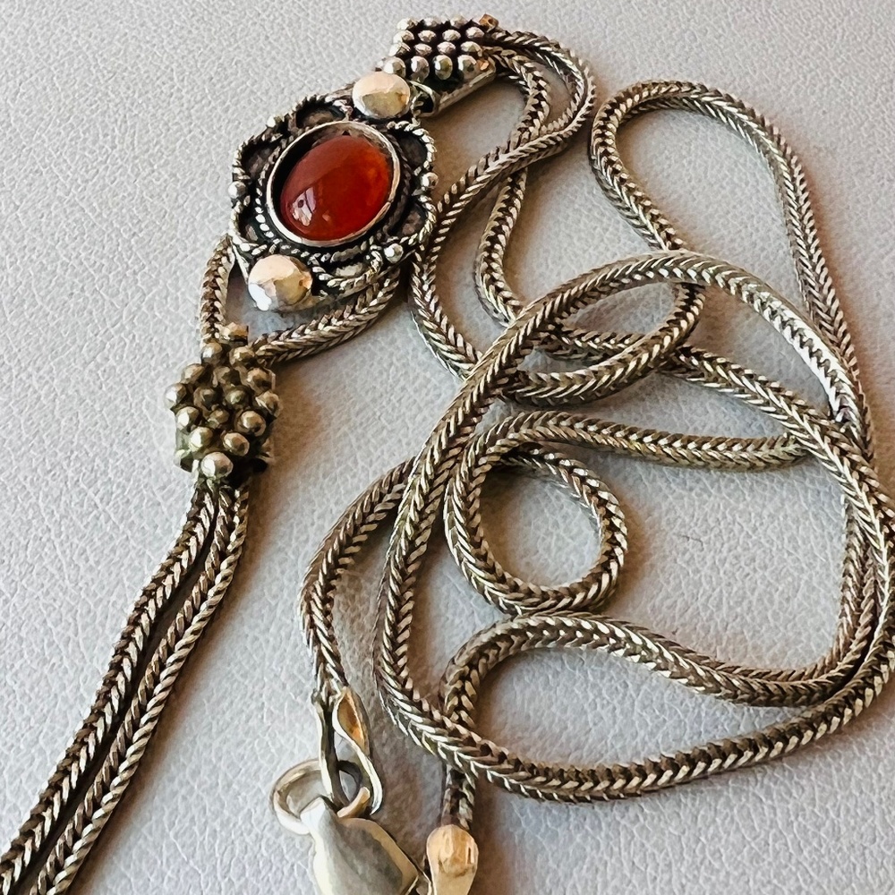 VINTAGE CARNELIAN 925 STERLING SLVR SNAKE CHAIN LARIAT TASSLE NECKLACE STATEMENT